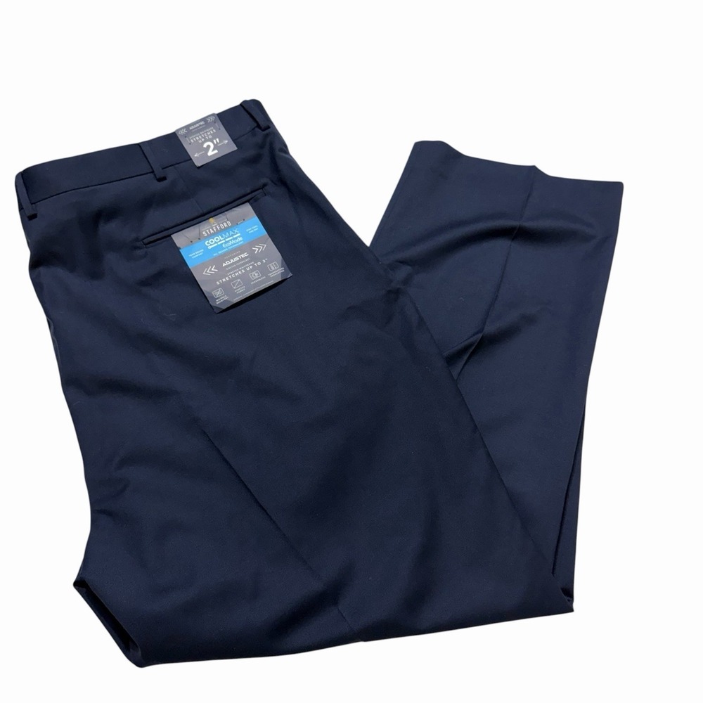 Stafford CoolMax Dress Pants 50x30 Navy Flat Front Stretch Waist NWT